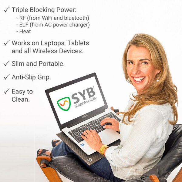 SYB laptop pad provides shielding - RF shielding from Wifi and bluetooth, ELF from AC power charger, heat