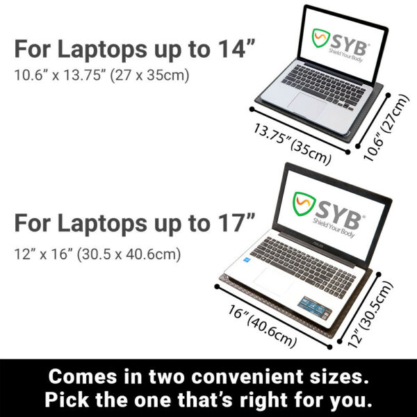 SYB laptop pad provides shielding  from EMF, wifi, etc available in two sizes 14" & 17" and in both black and Aquamarine blue