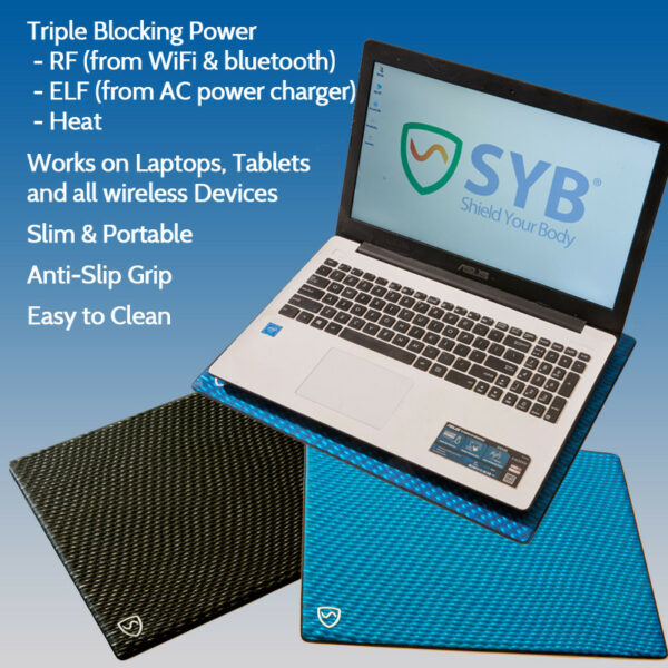 SYB laptop pad provides shielding -Multi-layer construction, protective vinyl casing, high reistance alloy, Ferromagnetic steel plate gives  RF shielding from Wifi and bluetooth, ELF from AC power charger, heat