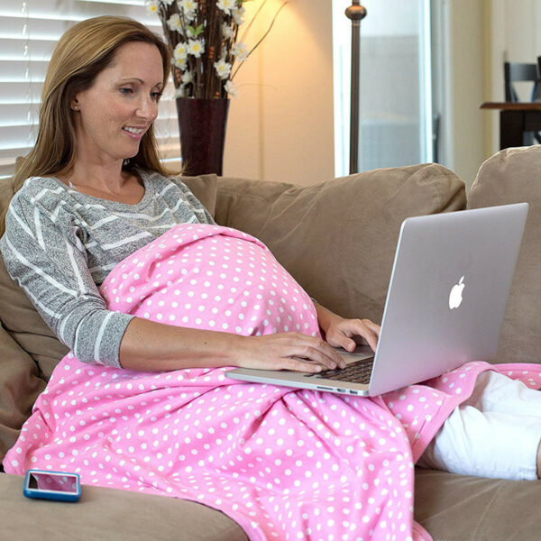 EMF Protection blanket on sleeping baby pink polka dot- Details on construction, EMF protection, anti-radiation blanket EMF Blocker Blanket, use for EMF protection for pregnant women, baby, healing pad, electrical blanket, laptop protection, desktop computer,  to block electromagnetic radiation.  Protect vital organs, sperm, protect pets
Many electrosensitive individuals find it comforting to physically block EMF and WiFi frequencies. Pink Polka dot style