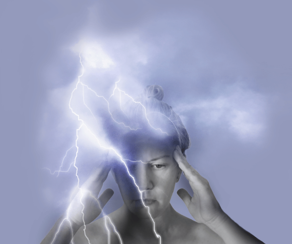 woman with smoke and lightning coming from head, too much EMF