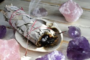 Negative energy protection, amethyst, rose quartz and smudging